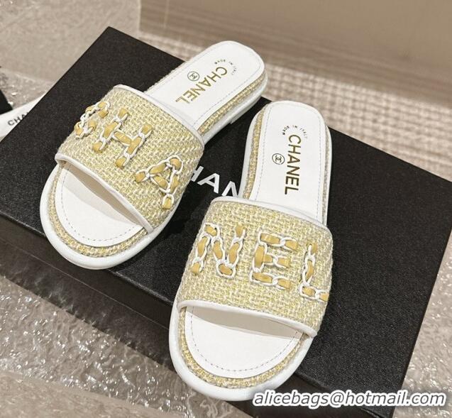 Best Product Chanel Tweed Flat Slide Sandals with Chain Logo Yellow 322087