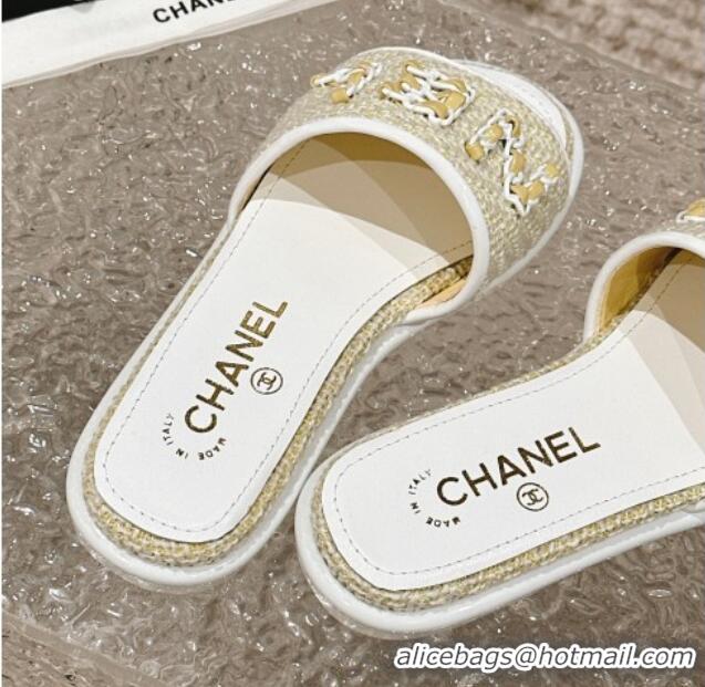 Best Product Chanel Tweed Flat Slide Sandals with Chain Logo Yellow 322087