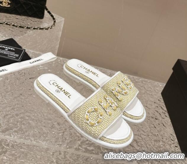 Best Product Chanel Tweed Flat Slide Sandals with Chain Logo Yellow 322087