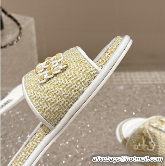 Best Product Chanel Tweed Flat Slide Sandals with Chain Logo Yellow 322087