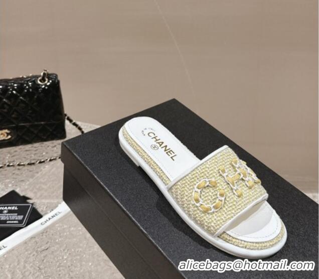 Best Product Chanel Tweed Flat Slide Sandals with Chain Logo Yellow 322087