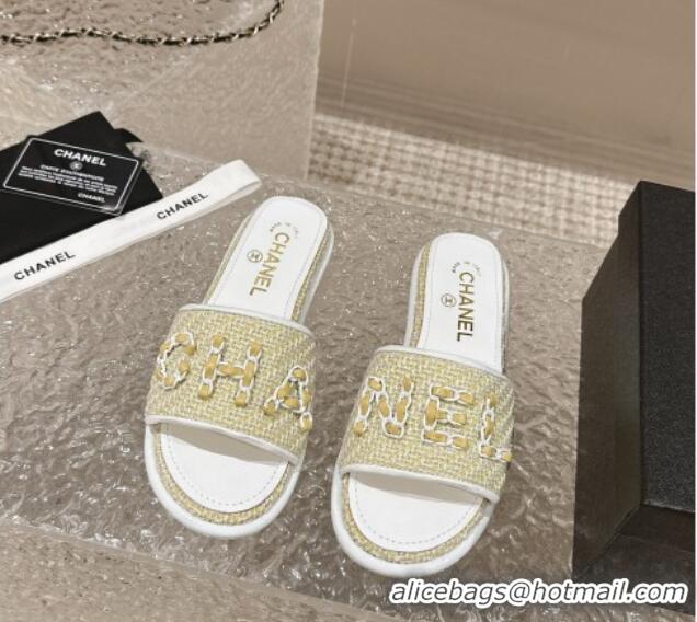 Best Product Chanel Tweed Flat Slide Sandals with Chain Logo Yellow 322087