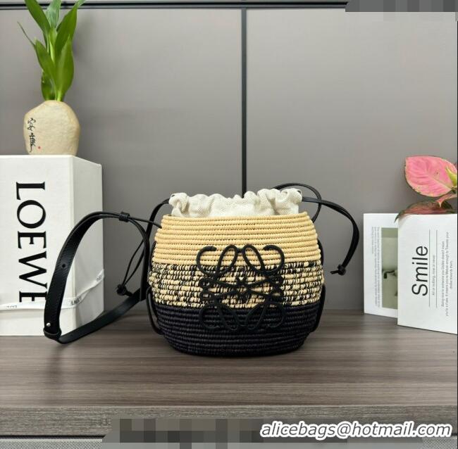 Famous Brand Loewe Beehive Basket bag in raffia straw and calfskin 89175 Black 2024