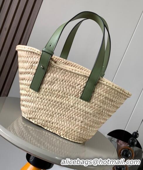 Buy Fashionable Loewe Small Basket bag in raffia straw and calfskin 8004 Green 2024