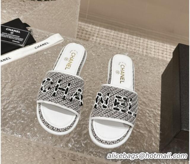 Sophisticated Chanel Tweed Flat Slide Sandals with Chain Logo Black/White 322088