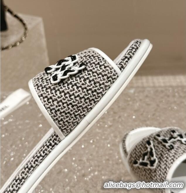 Sophisticated Chanel Tweed Flat Slide Sandals with Chain Logo Black/White 322088