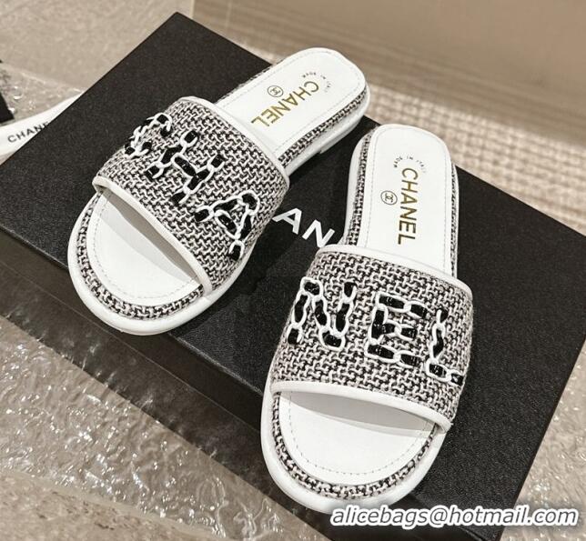 Sophisticated Chanel Tweed Flat Slide Sandals with Chain Logo Black/White 322088