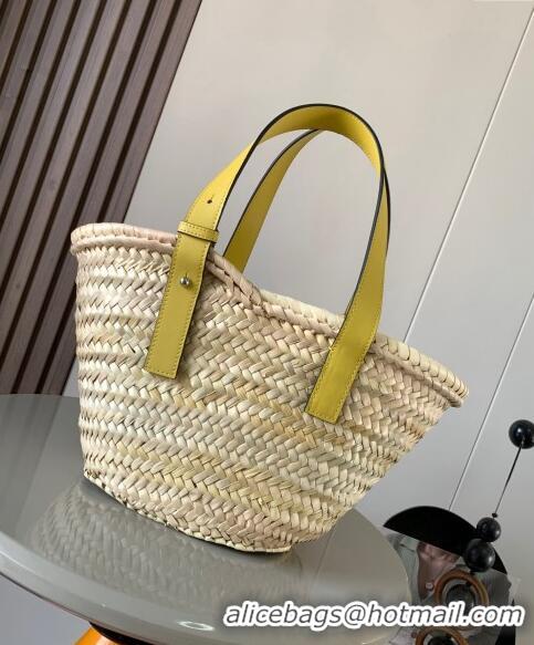 New Design Loewe Small Basket bag in raffia straw and calfskin 8004 Yellow 2024