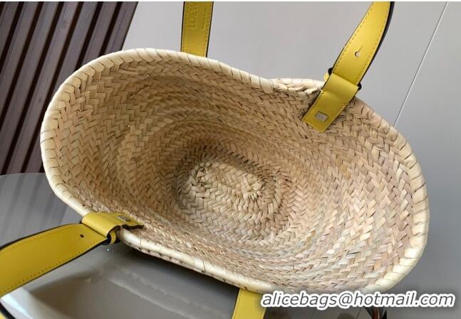 New Design Loewe Small Basket bag in raffia straw and calfskin 8004 Yellow 2024