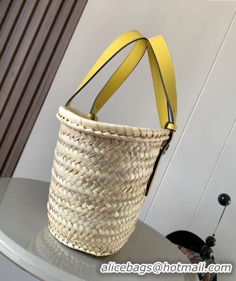 New Design Loewe Small Basket bag in raffia straw and calfskin 8004 Yellow 2024