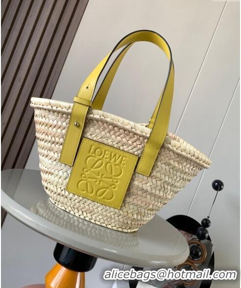 New Design Loewe Small Basket bag in raffia straw and calfskin 8004 Yellow 2024