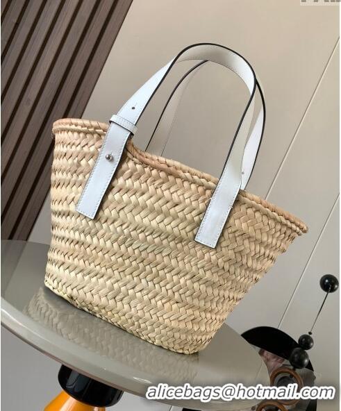 Pretty Style Loewe Small Basket bag in raffia straw and calfskin 8004 White 2024