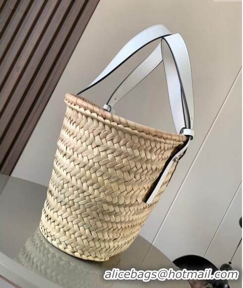 Pretty Style Loewe Small Basket bag in raffia straw and calfskin 8004 White 2024