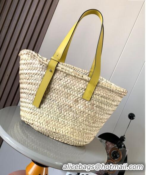 Inexpensive Loewe Medium Basket bag in raffia straw and calfskin 8005 Yellow 2024