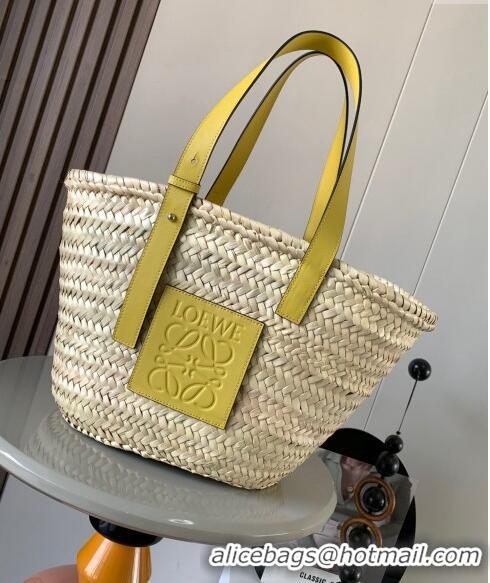 Inexpensive Loewe Medium Basket bag in raffia straw and calfskin 8005 Yellow 2024