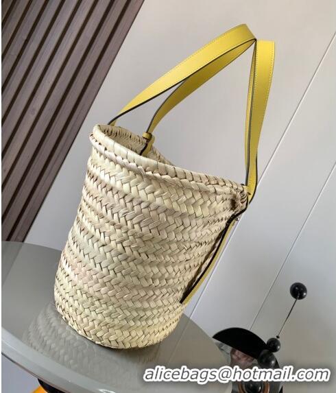 Inexpensive Loewe Medium Basket bag in raffia straw and calfskin 8005 Yellow 2024