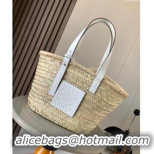 Famous Brand Loewe Medium Basket bag in raffia straw and calfskin 8005 White 2024