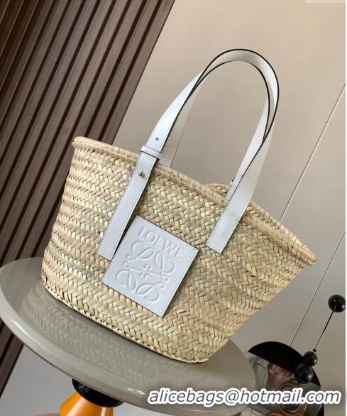 Famous Brand Loewe Medium Basket bag in raffia straw and calfskin 8005 White 2024