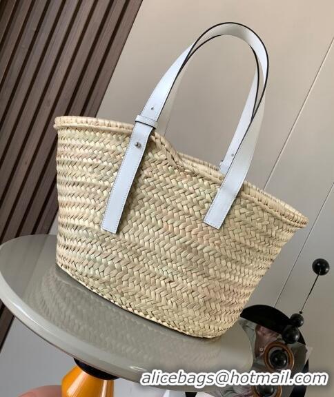 Famous Brand Loewe Medium Basket bag in raffia straw and calfskin 8005 White 2024