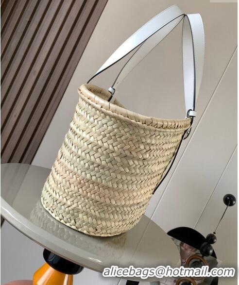 Famous Brand Loewe Medium Basket bag in raffia straw and calfskin 8005 White 2024