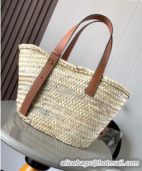 Pretty Style Loewe Medium Basket bag in raffia straw and calfskin 8005 Brown 2024