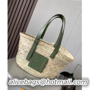 Popular Style Loewe Medium Basket bag in raffia straw and calfskin 8005 Green 2024