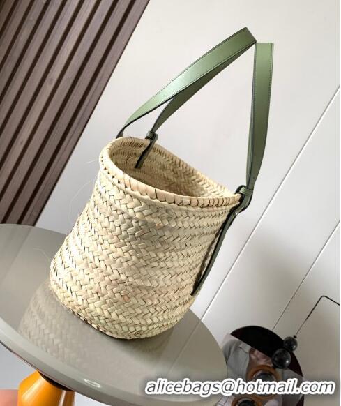 Popular Style Loewe Medium Basket bag in raffia straw and calfskin 8005 Green 2024