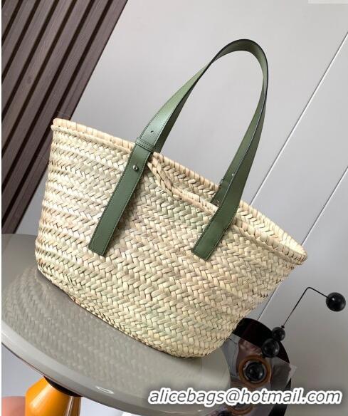 Popular Style Loewe Medium Basket bag in raffia straw and calfskin 8005 Green 2024