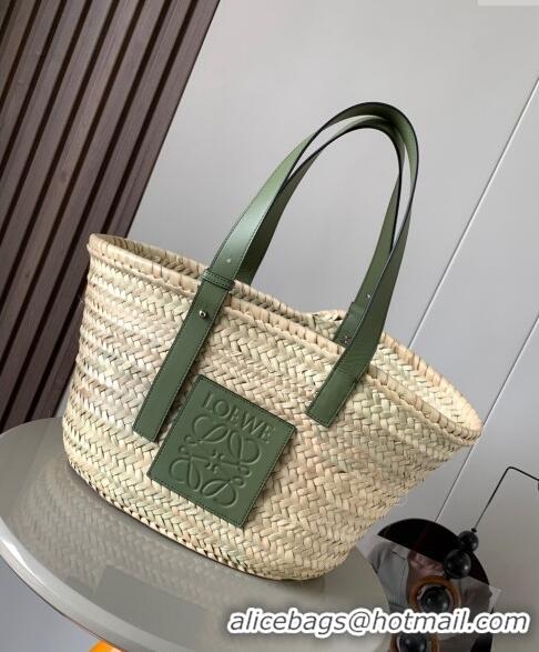 Popular Style Loewe Medium Basket bag in raffia straw and calfskin 8005 Green 2024