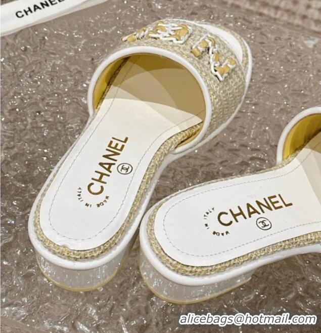 Good Quality Chanel Tweed Heel Slide Sandals 3.5cm with Chain Logo Yellow 322090