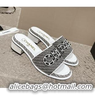 Purchase Chanel Tweed Heel Slide Sandals 3.5cm with Chain Logo Black/White 322091