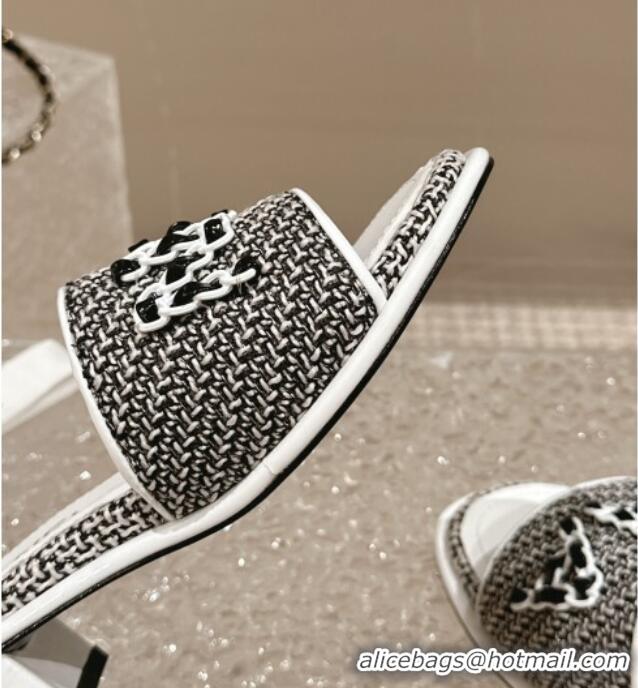 Purchase Chanel Tweed Heel Slide Sandals 3.5cm with Chain Logo Black/White 322091