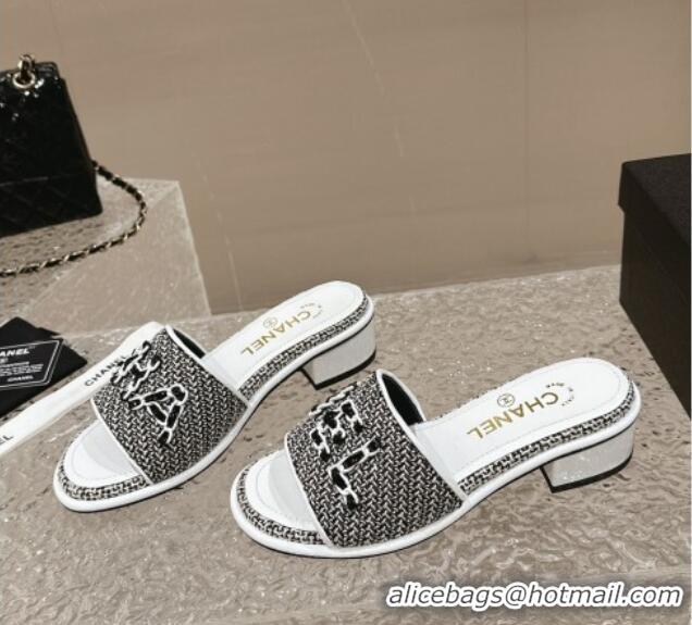 Purchase Chanel Tweed Heel Slide Sandals 3.5cm with Chain Logo Black/White 322091