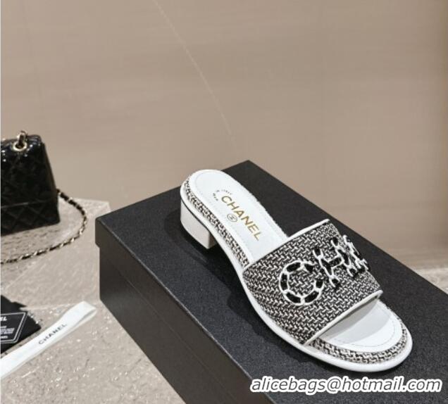 Purchase Chanel Tweed Heel Slide Sandals 3.5cm with Chain Logo Black/White 322091