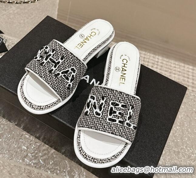 Purchase Chanel Tweed Heel Slide Sandals 3.5cm with Chain Logo Black/White 322091