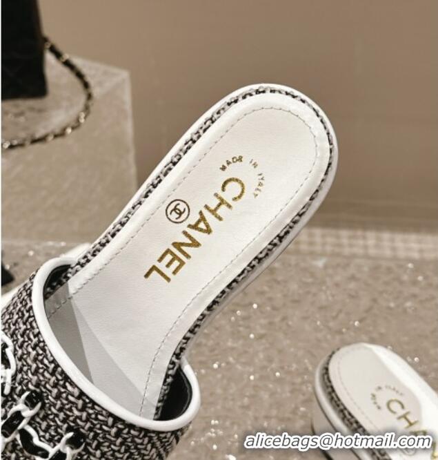 Purchase Chanel Tweed Heel Slide Sandals 3.5cm with Chain Logo Black/White 322091