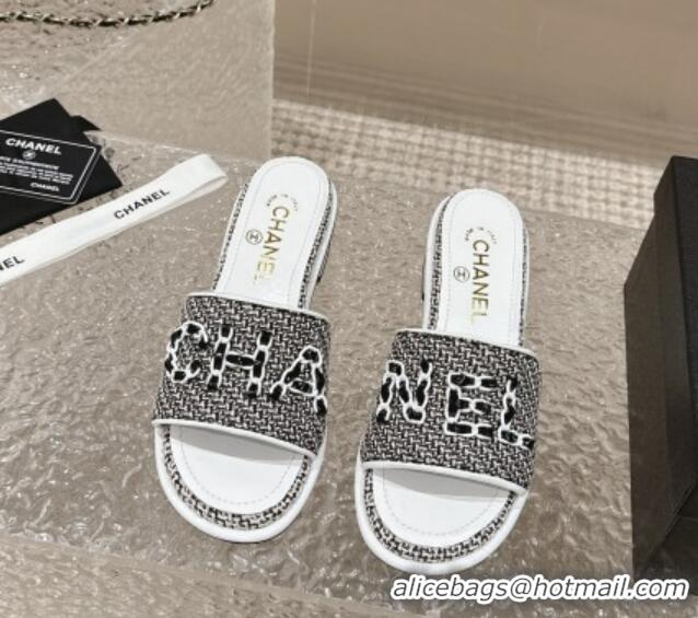 Purchase Chanel Tweed Heel Slide Sandals 3.5cm with Chain Logo Black/White 322091