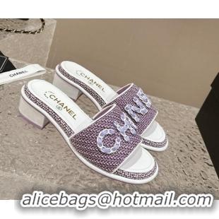 Top Grade Chanel Tweed Heel Slide Sandals 3.5cm with Chain Logo Purple 322092