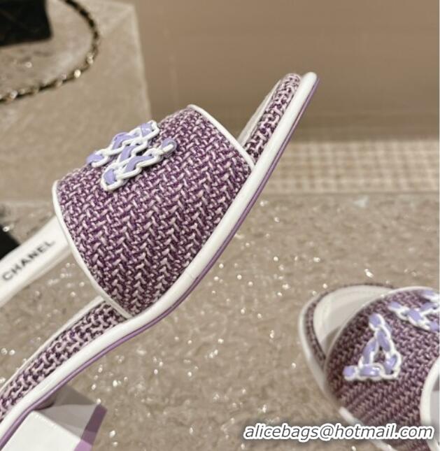 Top Grade Chanel Tweed Heel Slide Sandals 3.5cm with Chain Logo Purple 322092