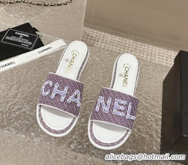 Top Grade Chanel Tweed Heel Slide Sandals 3.5cm with Chain Logo Purple 322092