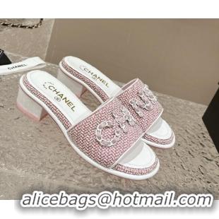 Sumptuous Chanel Tweed Heel Slide Sandals 3.5cm with Chain Logo Pink 322093