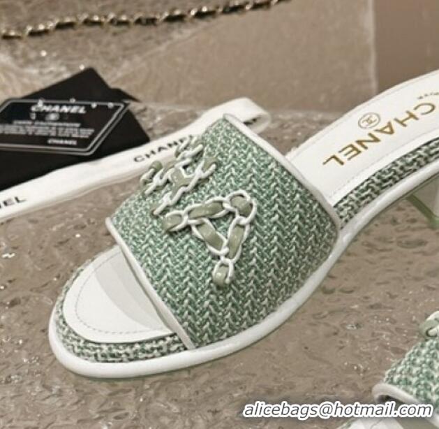 Good Looking Chanel Tweed Heel Slide Sandals 3.5cm with Chain Logo Green 322094