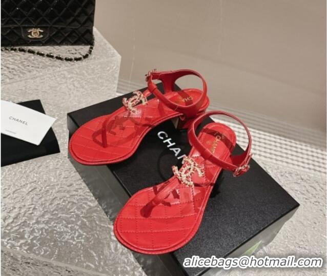 Grade Quality Chanel Lambskin Heel Thong Sandals 4.5cm with Chain CC and Crystals Red 0322095