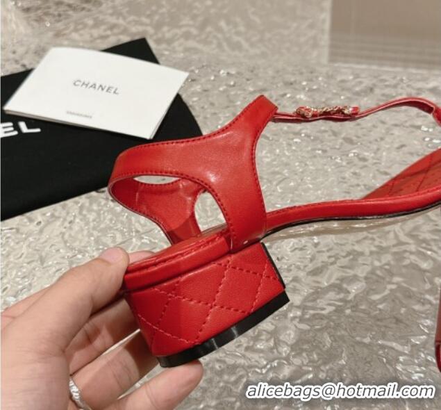 Grade Quality Chanel Lambskin Heel Thong Sandals 4.5cm with Chain CC and Crystals Red 0322095