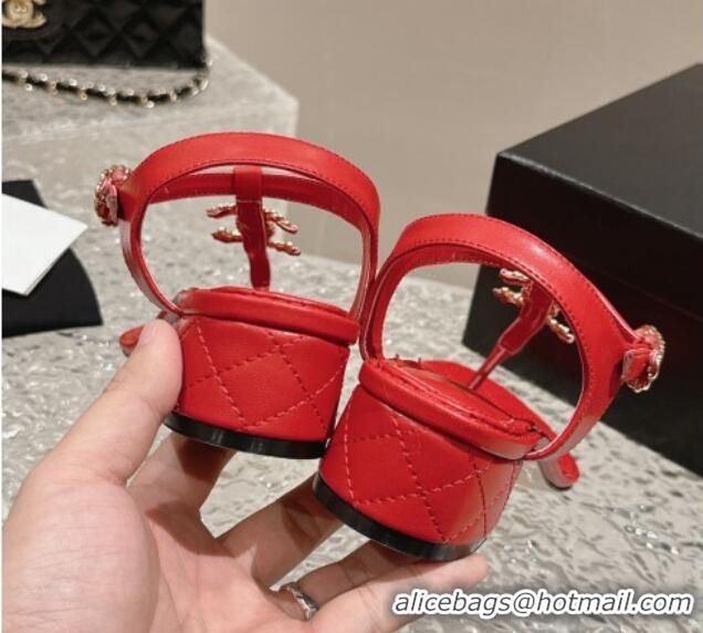 Grade Quality Chanel Lambskin Heel Thong Sandals 4.5cm with Chain CC and Crystals Red 0322095