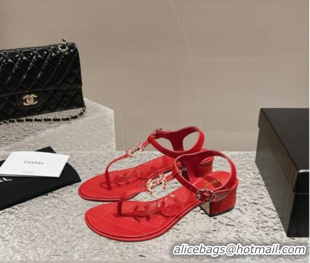 Grade Quality Chanel Lambskin Heel Thong Sandals 4.5cm with Chain CC and Crystals Red 0322095