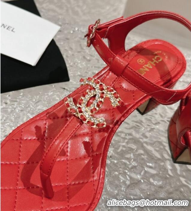 Grade Quality Chanel Lambskin Heel Thong Sandals 4.5cm with Chain CC and Crystals Red 0322095