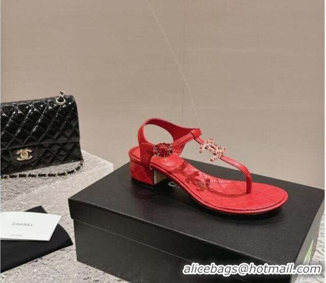 Grade Quality Chanel Lambskin Heel Thong Sandals 4.5cm with Chain CC and Crystals Red 0322095