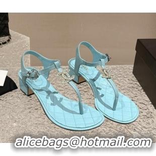 Best Price Chanel Lambskin Heel Thong Sandals 4.5cm with Chain CC and Crystals Light Blue 0322096