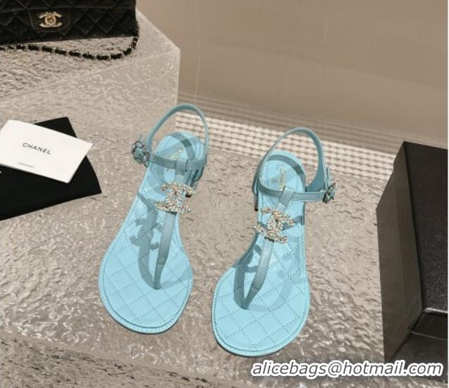 Best Price Chanel Lambskin Heel Thong Sandals 4.5cm with Chain CC and Crystals Light Blue 0322096